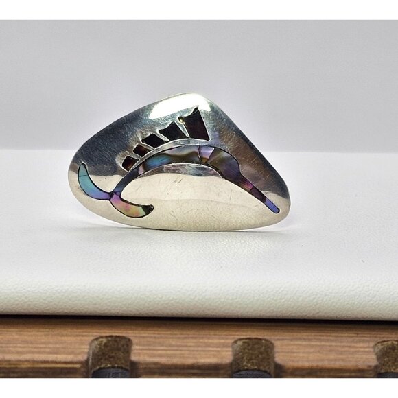 Alpaca Silver Screw Back Earring Abalone Inlay Swordfish Upcycle Craft - Picture 12 of 15